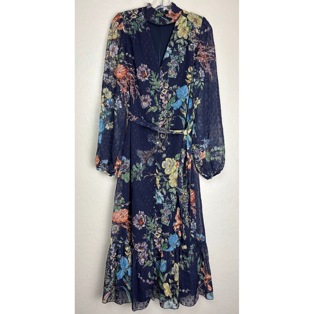 Lulus Fallyn Navy Floral Swiss Dot Long Sleeve Midi Dress Choker Neck M 2846